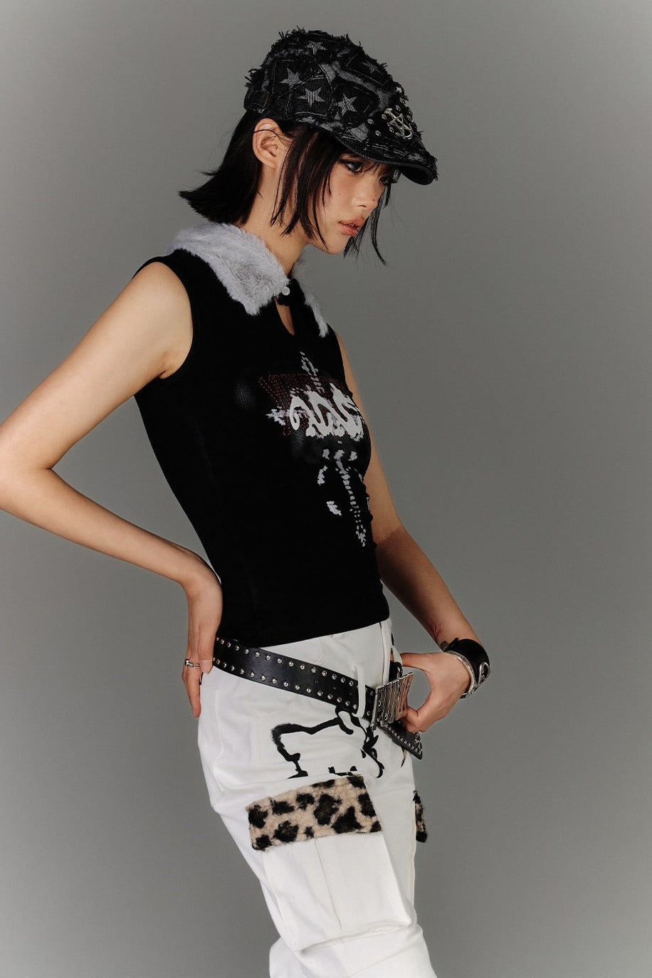 Fur Collar Keyhole Rib Tank
