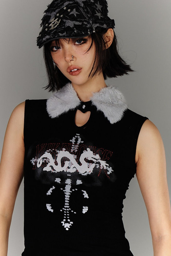 Fur Collar Keyhole Rib Tank