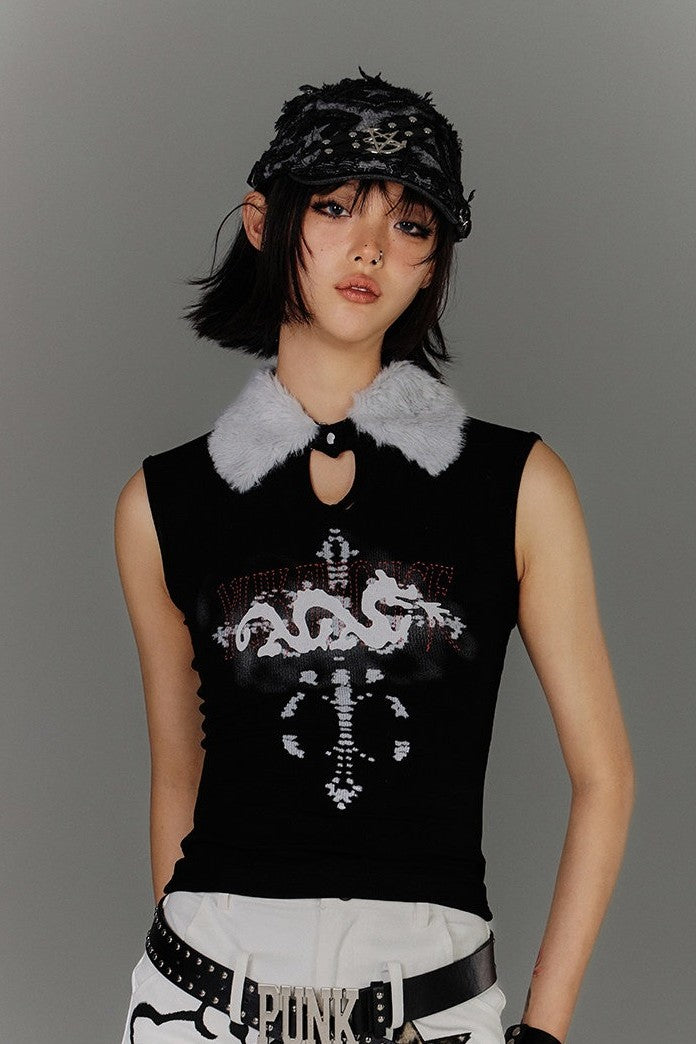 Fur Collar Keyhole Rib Tank