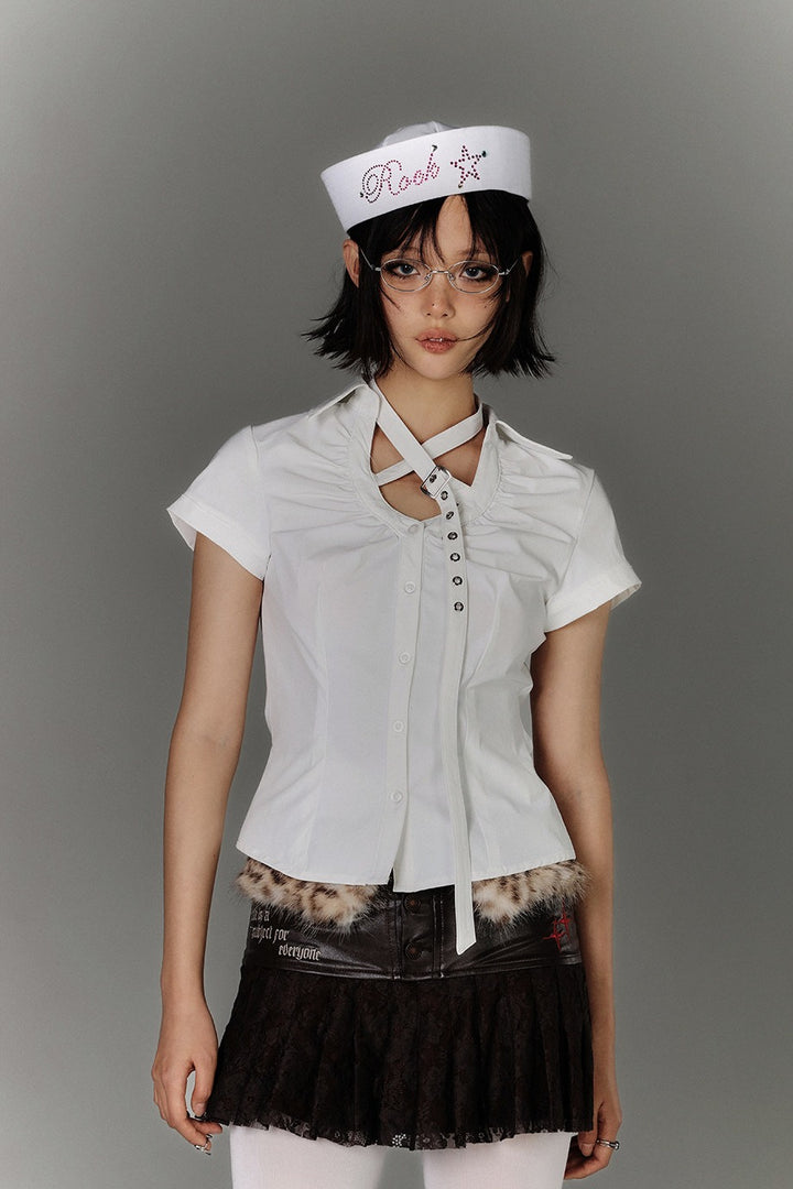 Butterfly Lace Back Buckle Strap Shirt