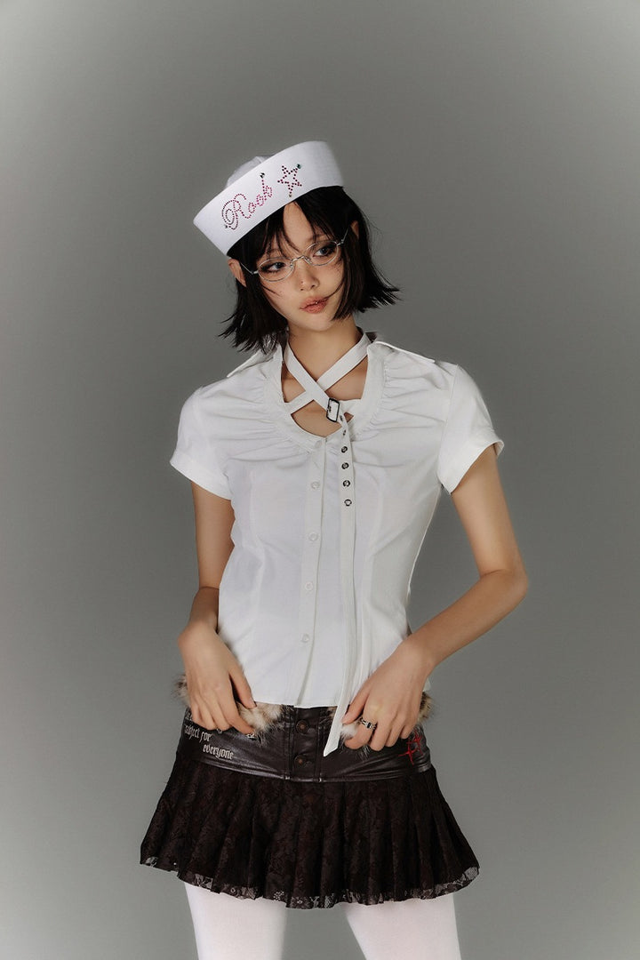 Butterfly Lace Back Buckle Strap Shirt