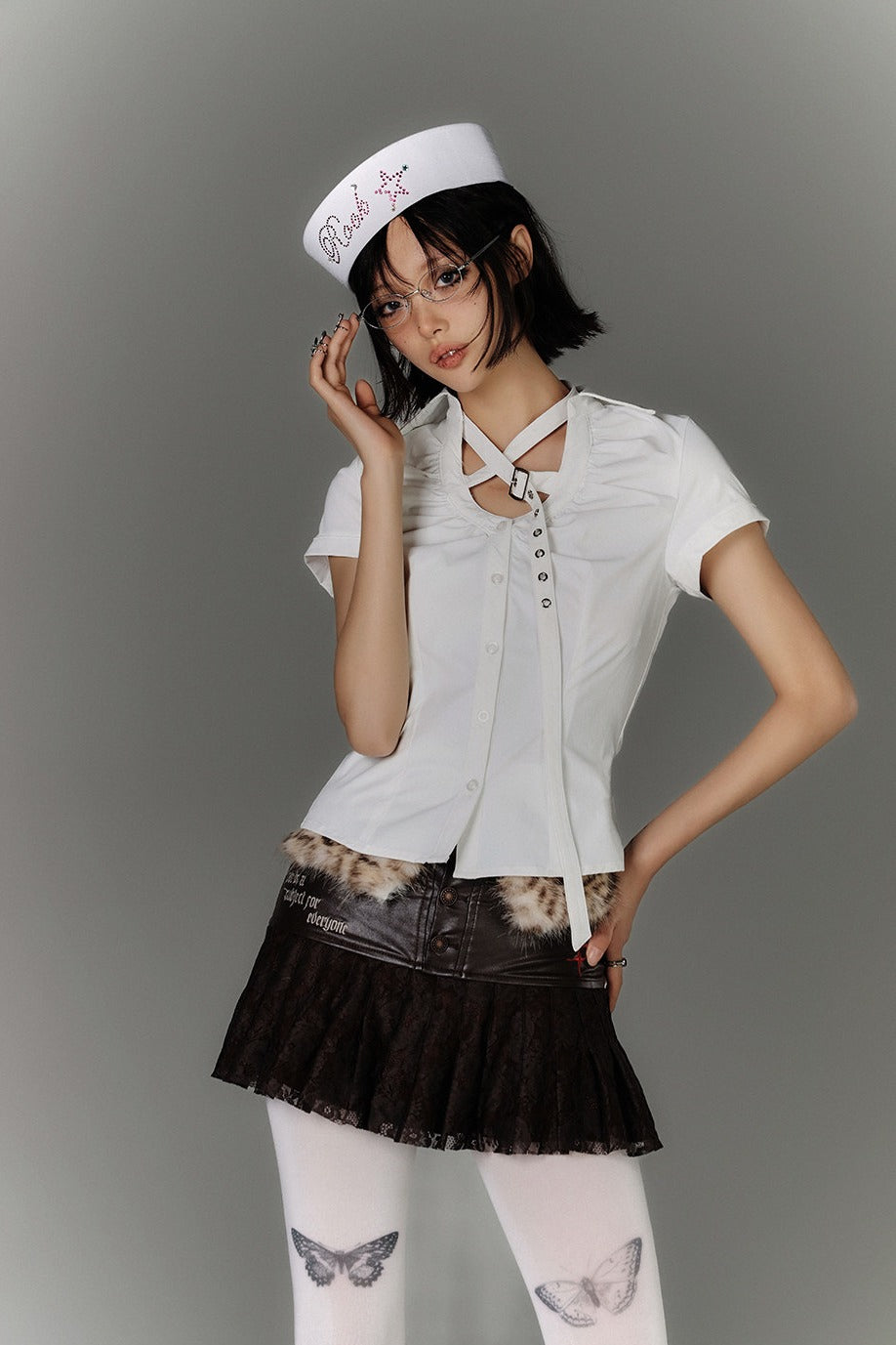 Butterfly Lace Back Buckle Strap Shirt