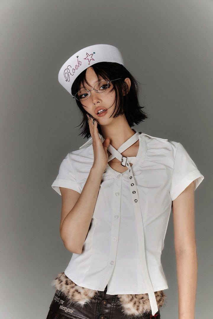 Butterfly Lace Back Buckle Strap Shirt