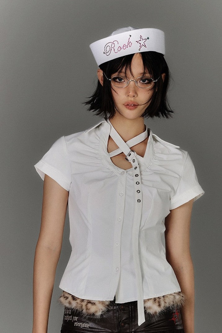 Butterfly Lace Back Buckle Strap Shirt