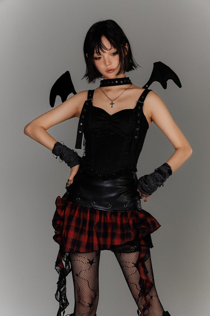 Asymmetric Plaid Ruffle Mini Skirt
