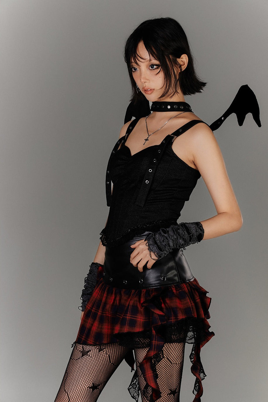 Asymmetric Plaid Ruffle Mini Skirt