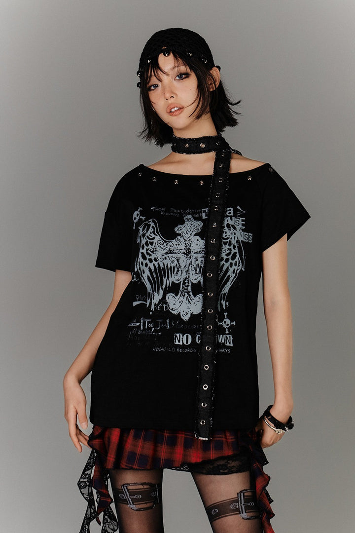 Eyelet Off-Shoulder Tee with Strap