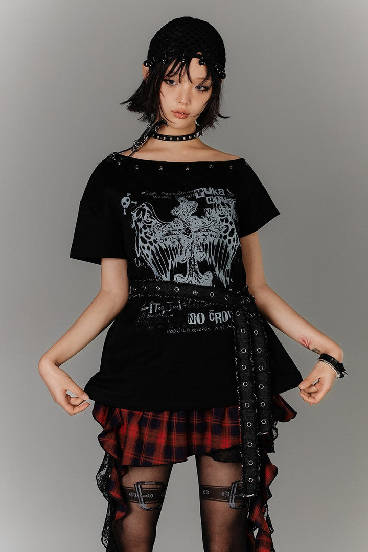 Eyelet Off-Shoulder Tee with Strap