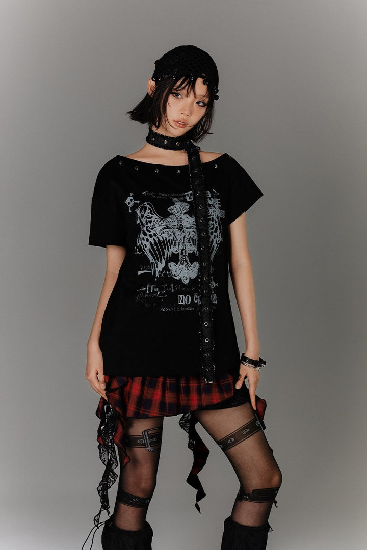Eyelet Off-Shoulder Tee with Strap