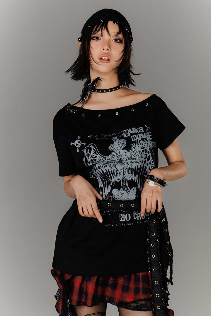 Eyelet Off-Shoulder Tee with Strap