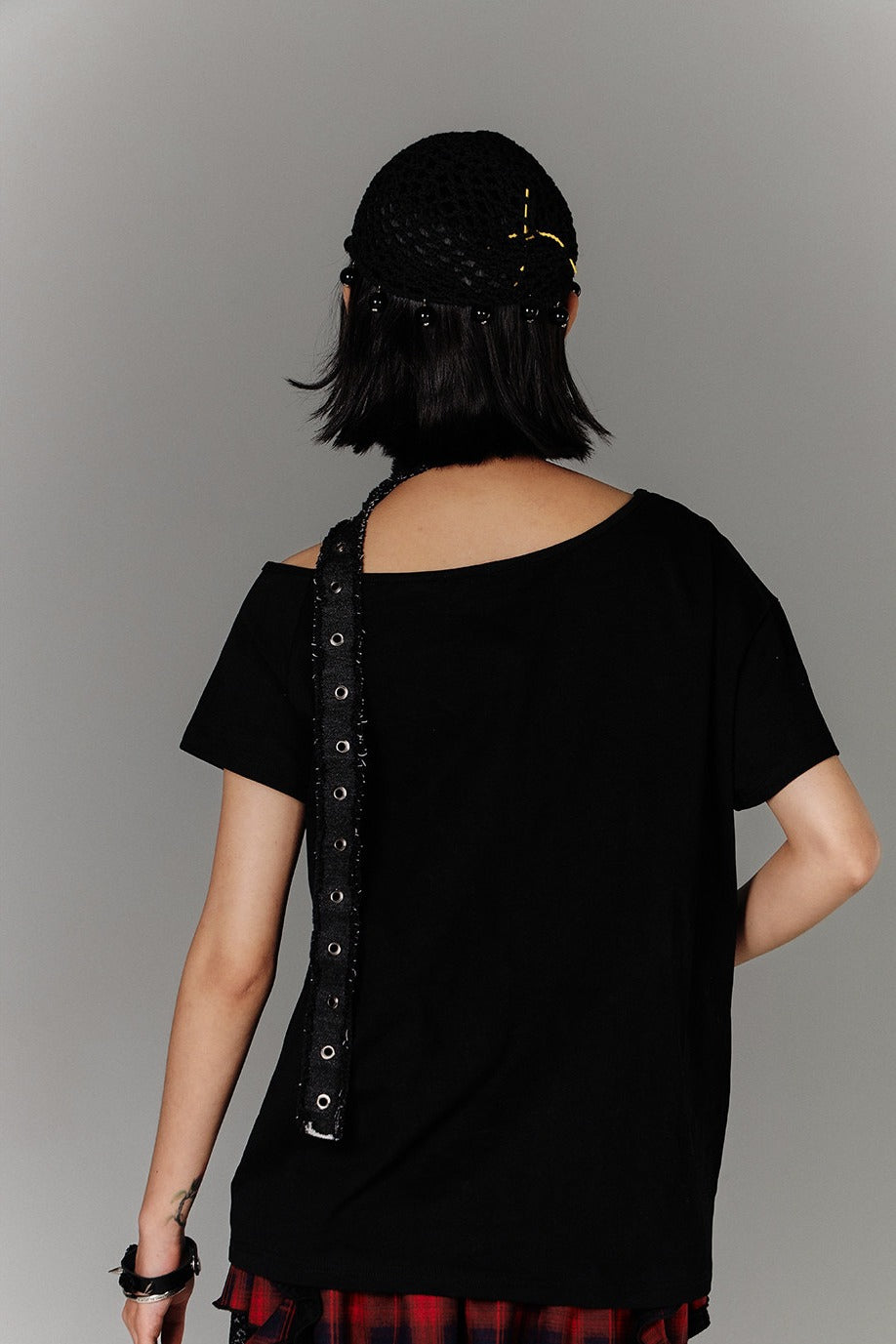 Eyelet Off-Shoulder Tee with Strap