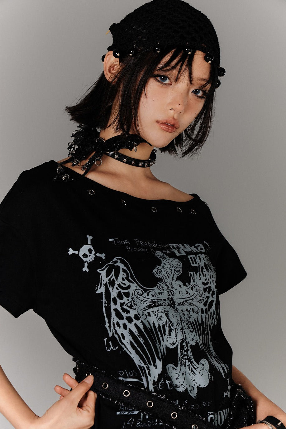 Eyelet Off-Shoulder Tee with Strap