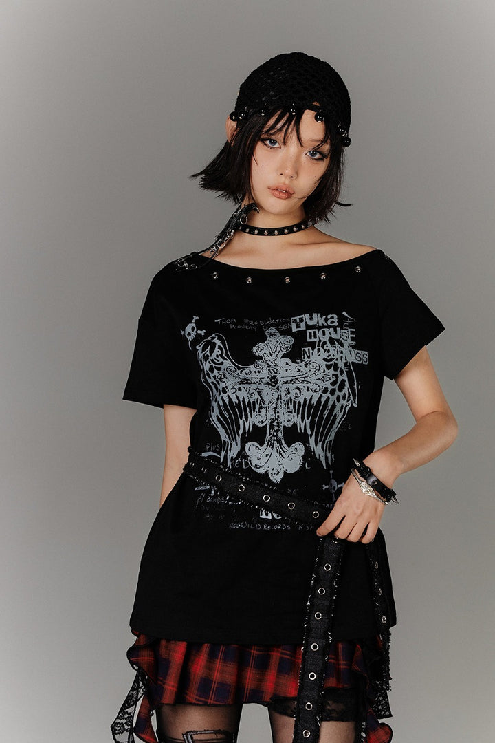 Eyelet Off-Shoulder Tee with Strap