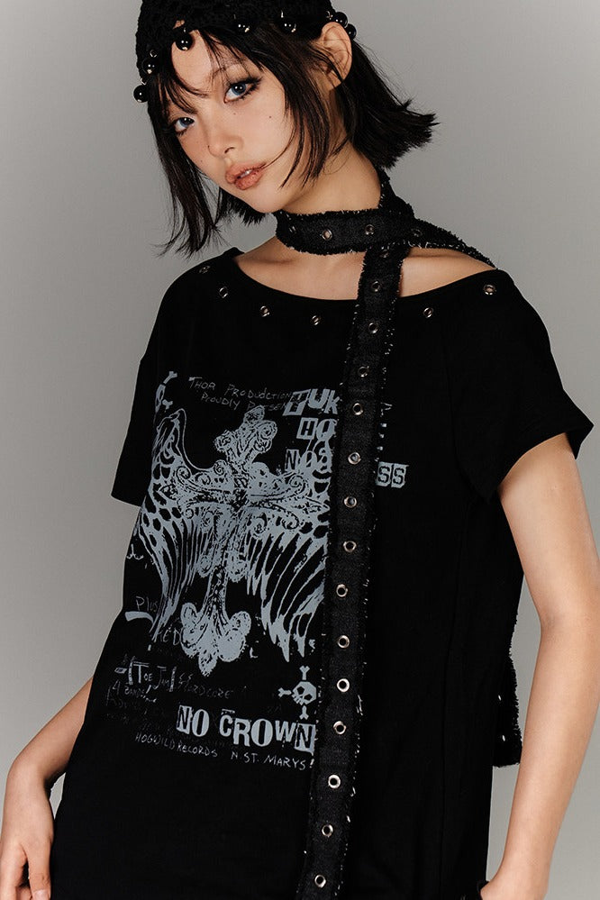 Eyelet Off-Shoulder Tee with Strap