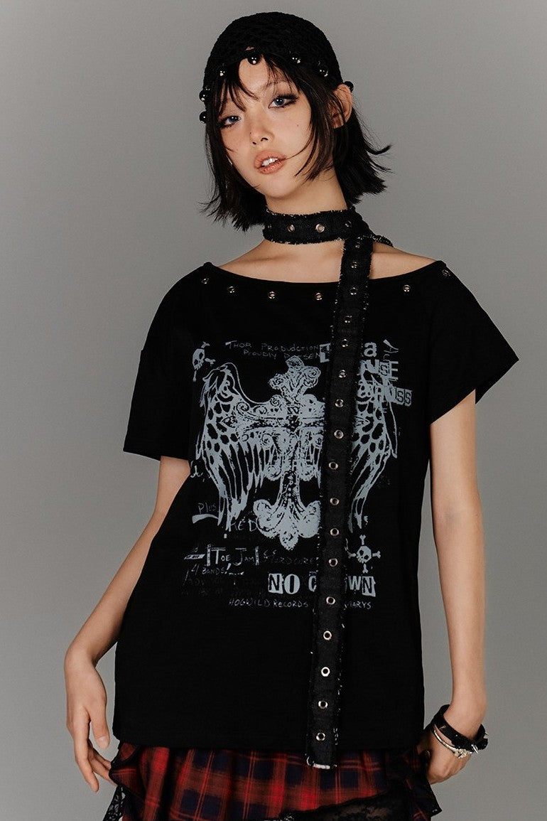 Eyelet Off-Shoulder Tee with Strap