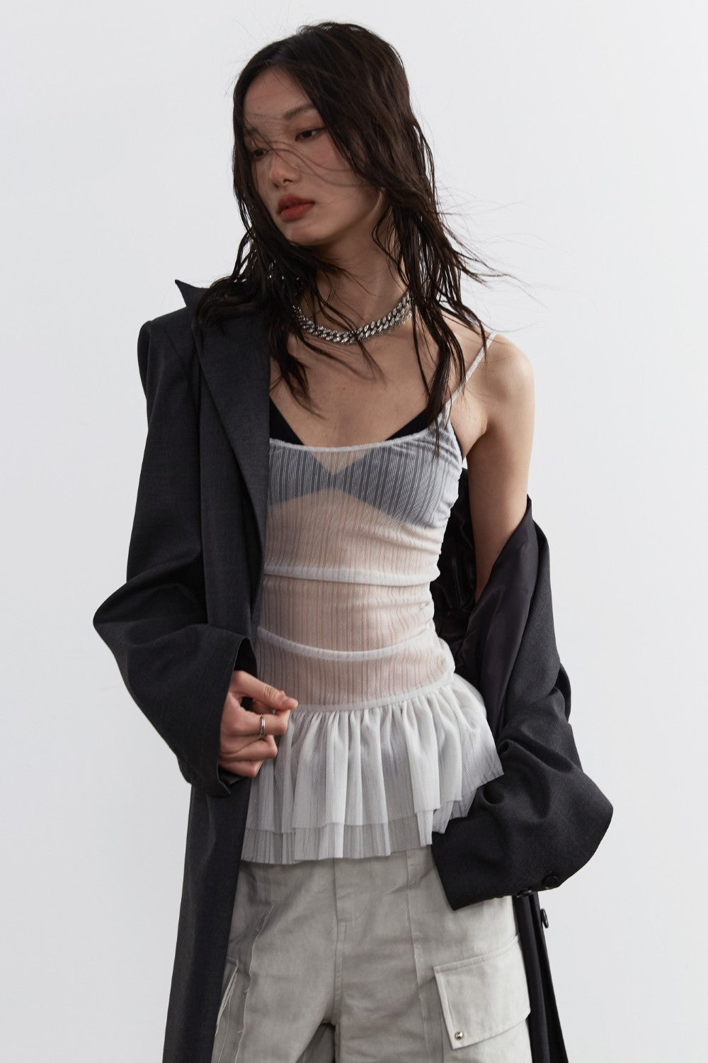 Eaphi TULLE ASYMMETRY FRILL CAMISOLE グレー Sheer Pleated Cami Top – Pixie Rebels