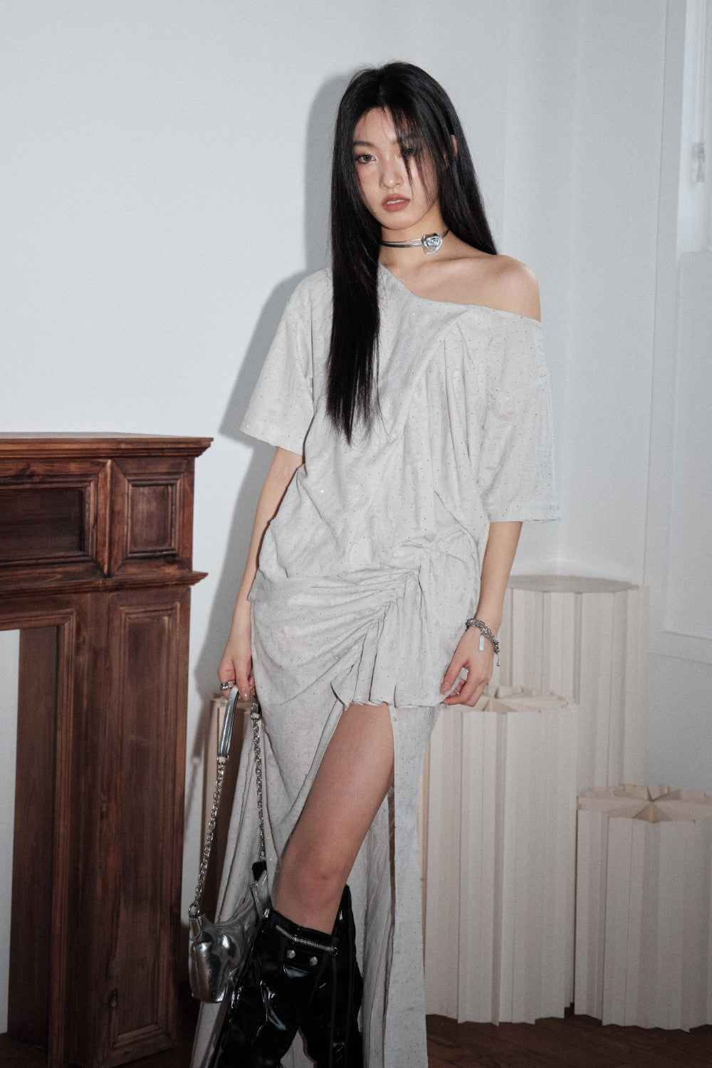 Off-Shoulder Ruched Dress Set L