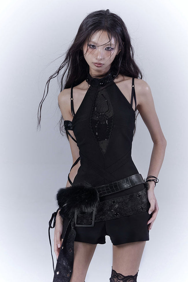 Belted Sequin Halter Bodysuit