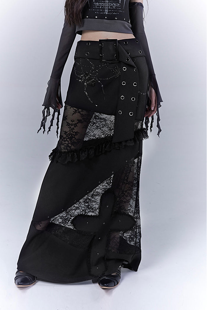 Black Lace Belted Cross Skirt