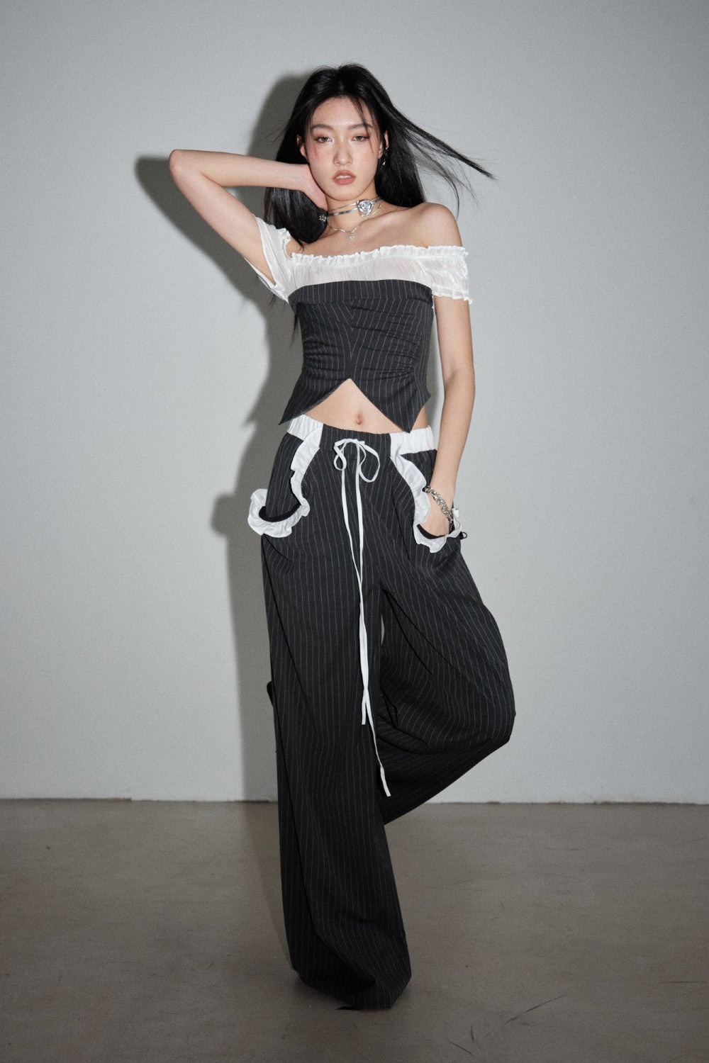 トップス PRANK PROJECT Ruffle Lace-Up Stripe Top ラッフルレースアップストライプトップス / Ruffle Lace-Up Stripe Top