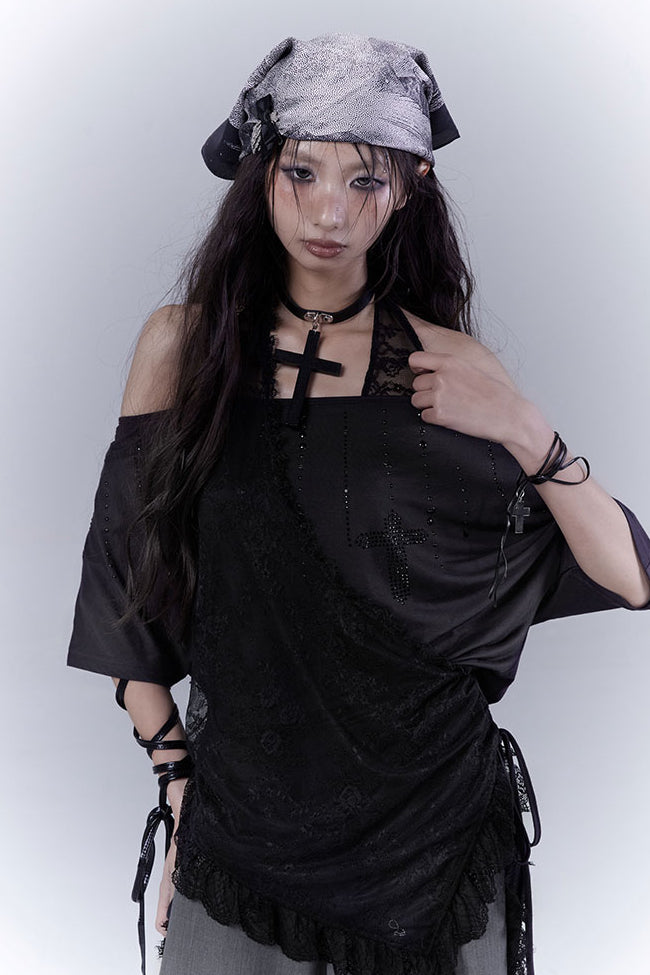Lace Overlay Off-Shoulder Shirt
