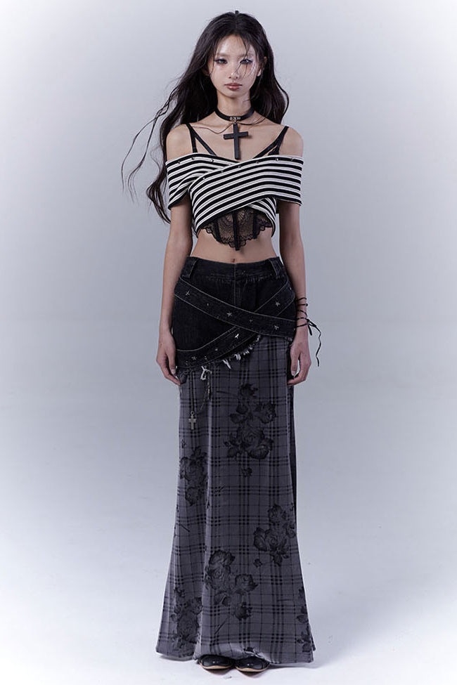 Plaid Rose Denim Skirt