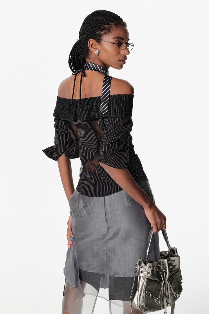Off-Shoulder Pinstripe Blouse