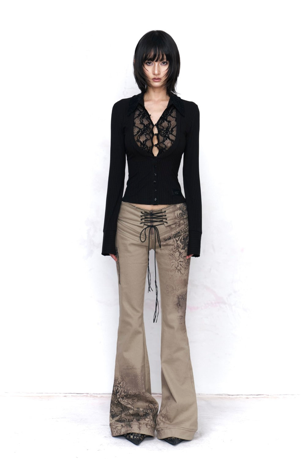 Lace Panel Button-Up Shirt