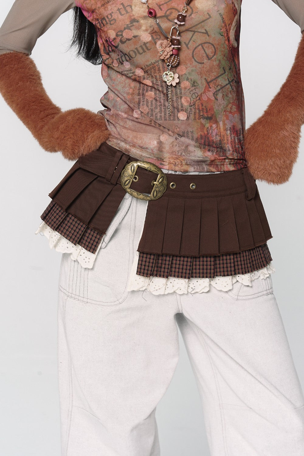 Brown Pleat Overlay Skirt