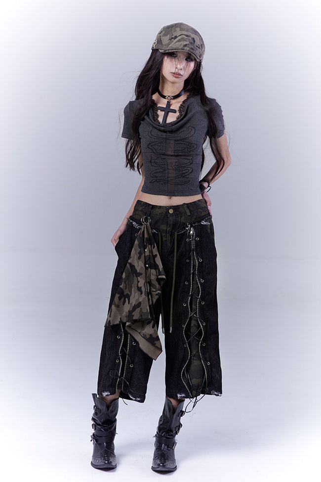 Camo Lace-Up Denim Pants