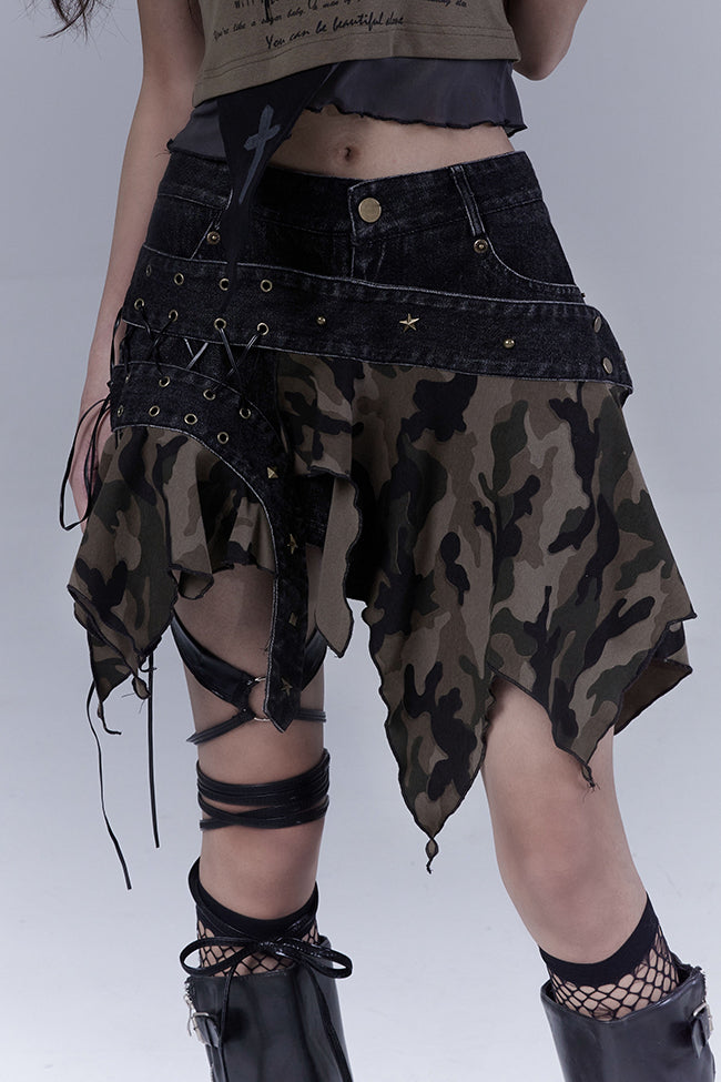 Camo Belted Denim Shorts