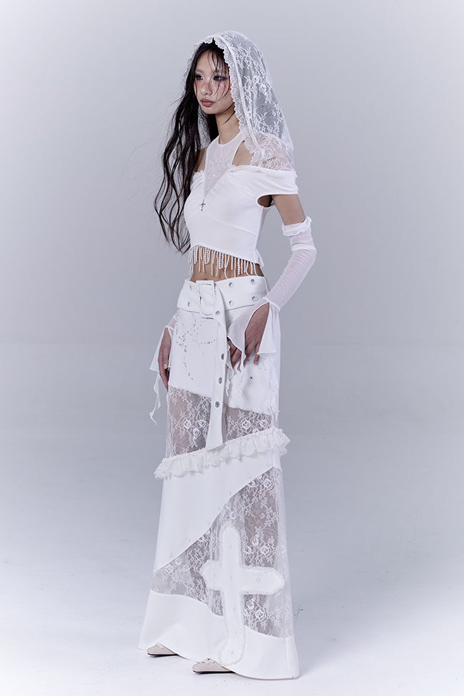 White Lace Belted Cross Skirt