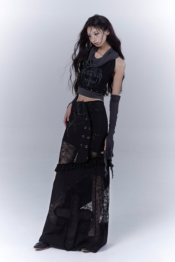 Black Lace Belted Cross Skirt