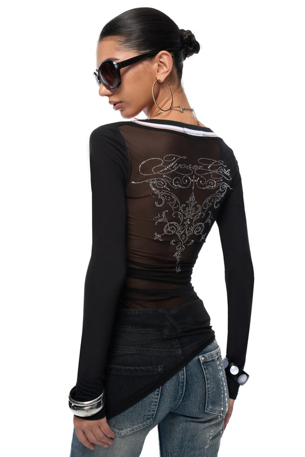 Rhinestone Sheer V-Neck Shirt