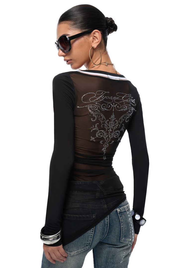 Rhinestone Sheer V-Neck Shirt
