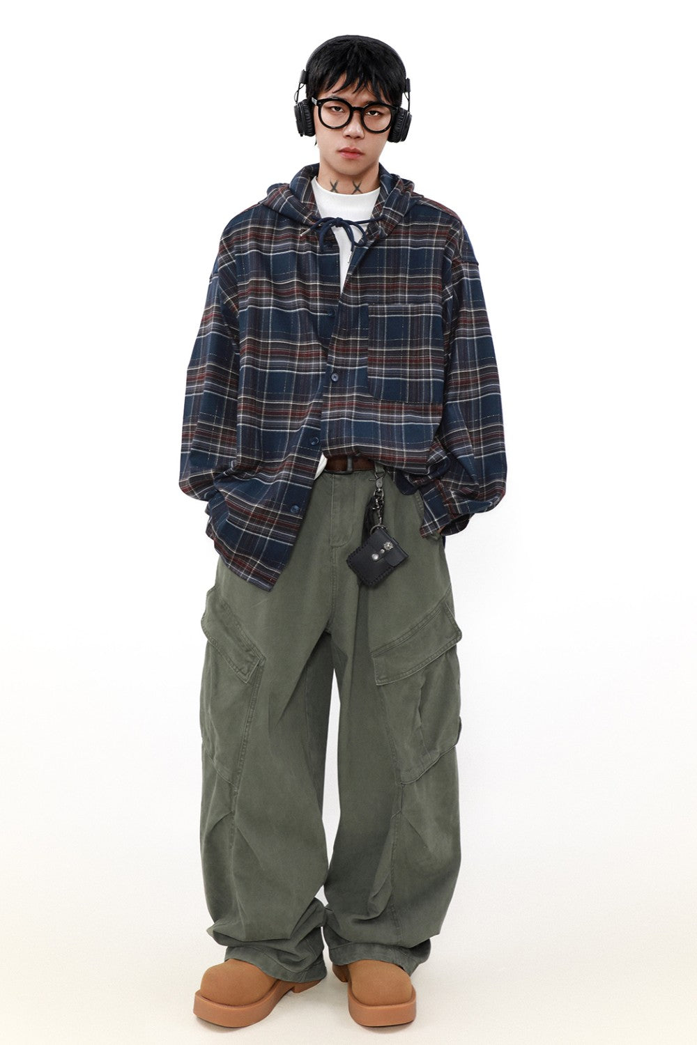Loose Hooded Plaid Button-Up