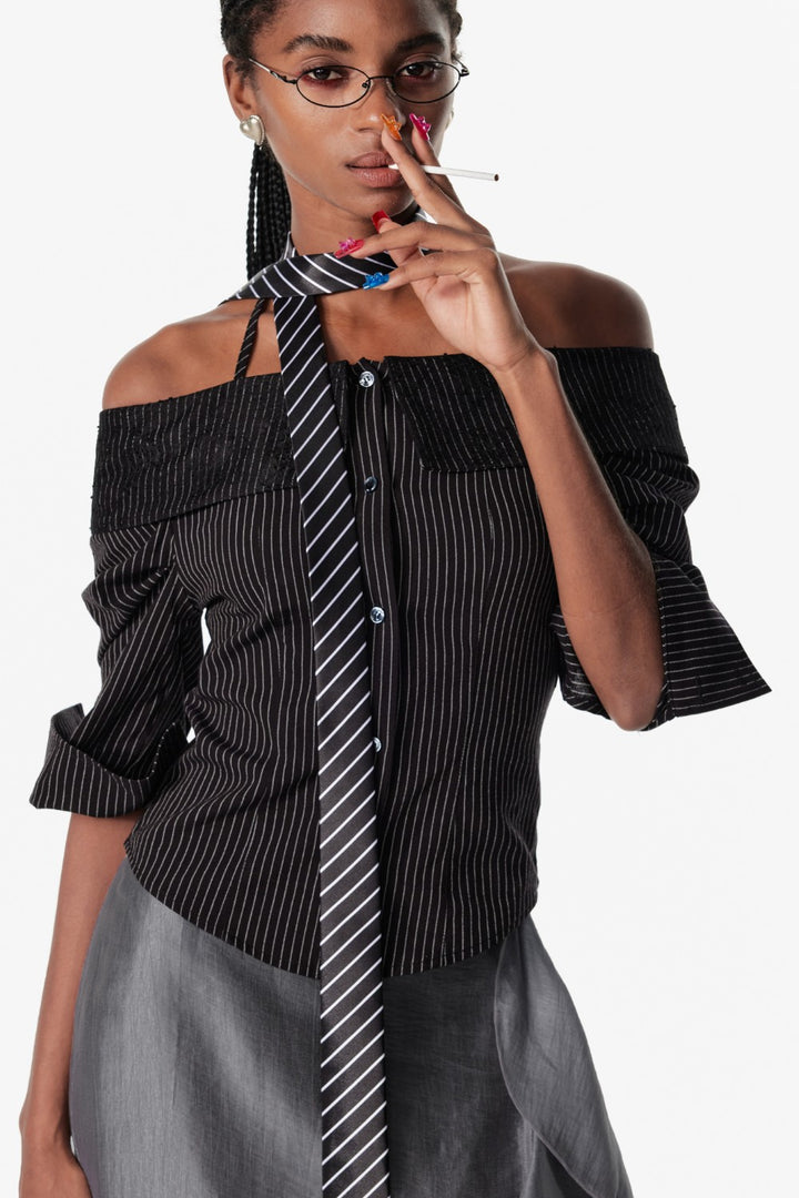 Off-Shoulder Pinstripe Blouse