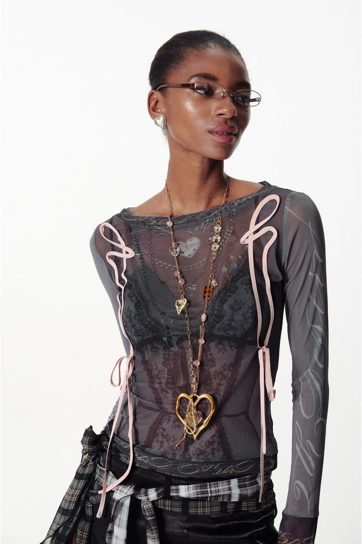 Ruched Ribbon Mesh Shirt