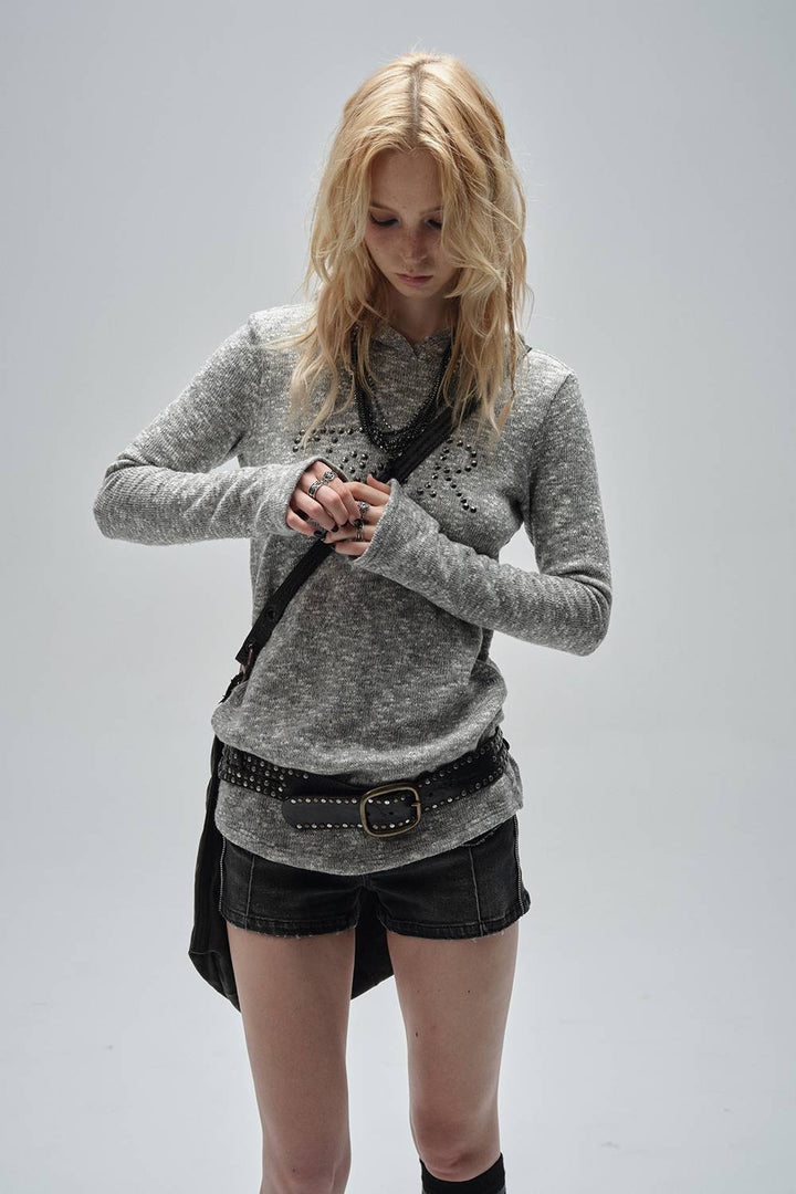 Studded Detail Knit Hoodie