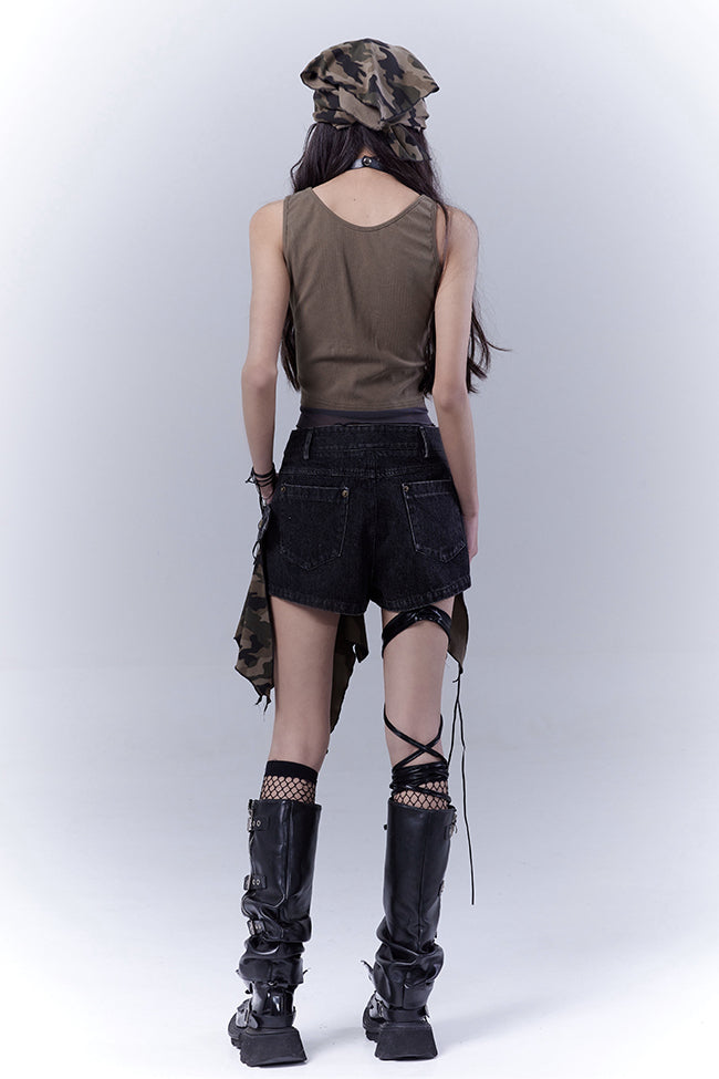 Camo Belted Denim Shorts