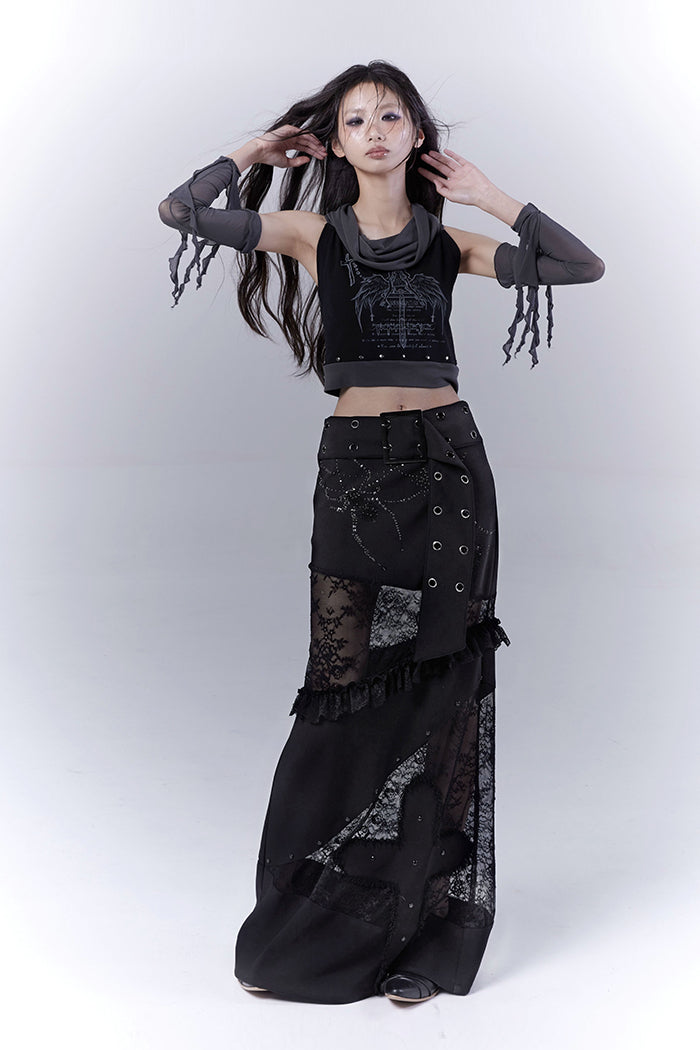 Black Lace Belted Cross Skirt