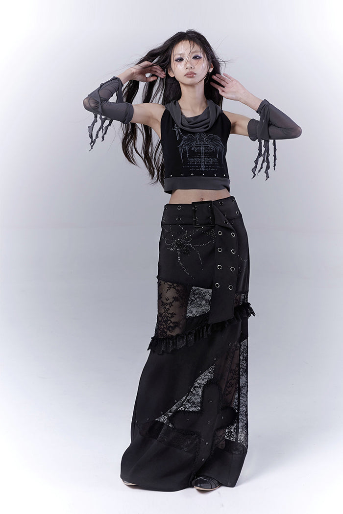 Black Lace Belted Cross Skirt