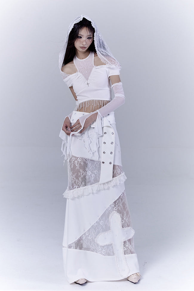 White Lace Belted Cross Skirt
