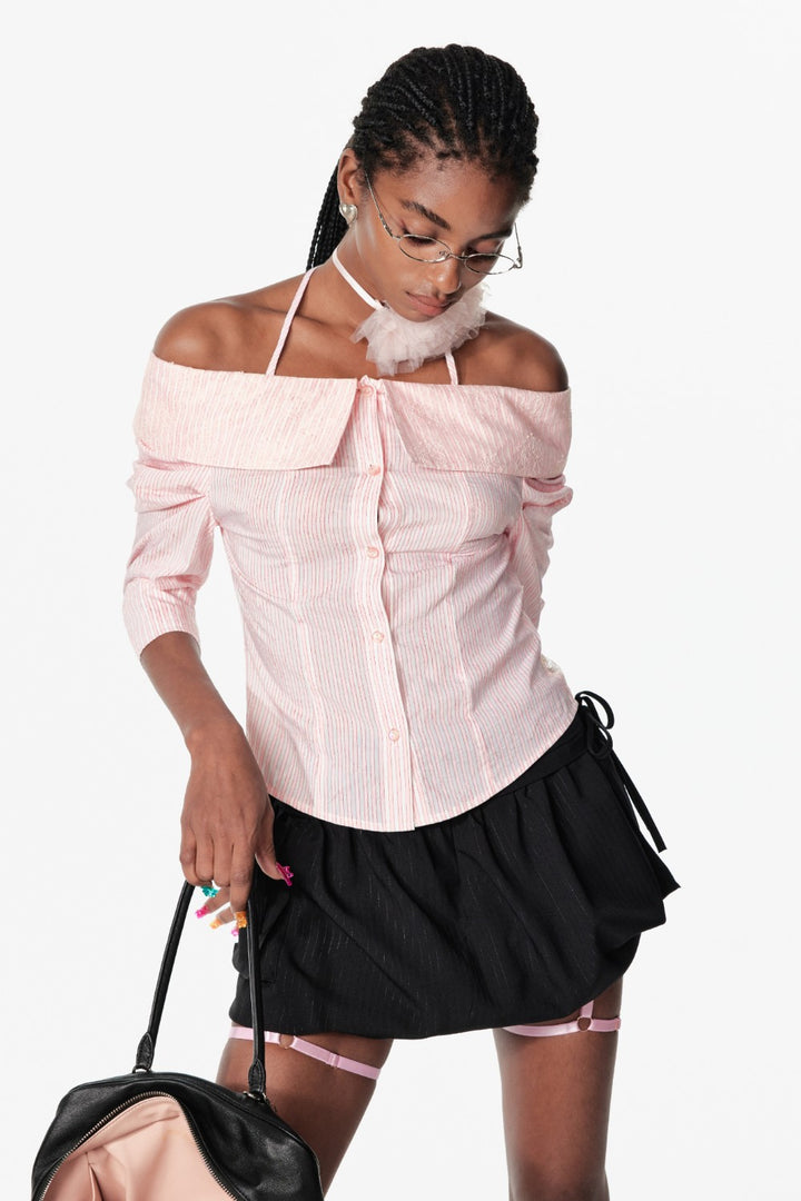 Off-Shoulder Pinstripe Blouse