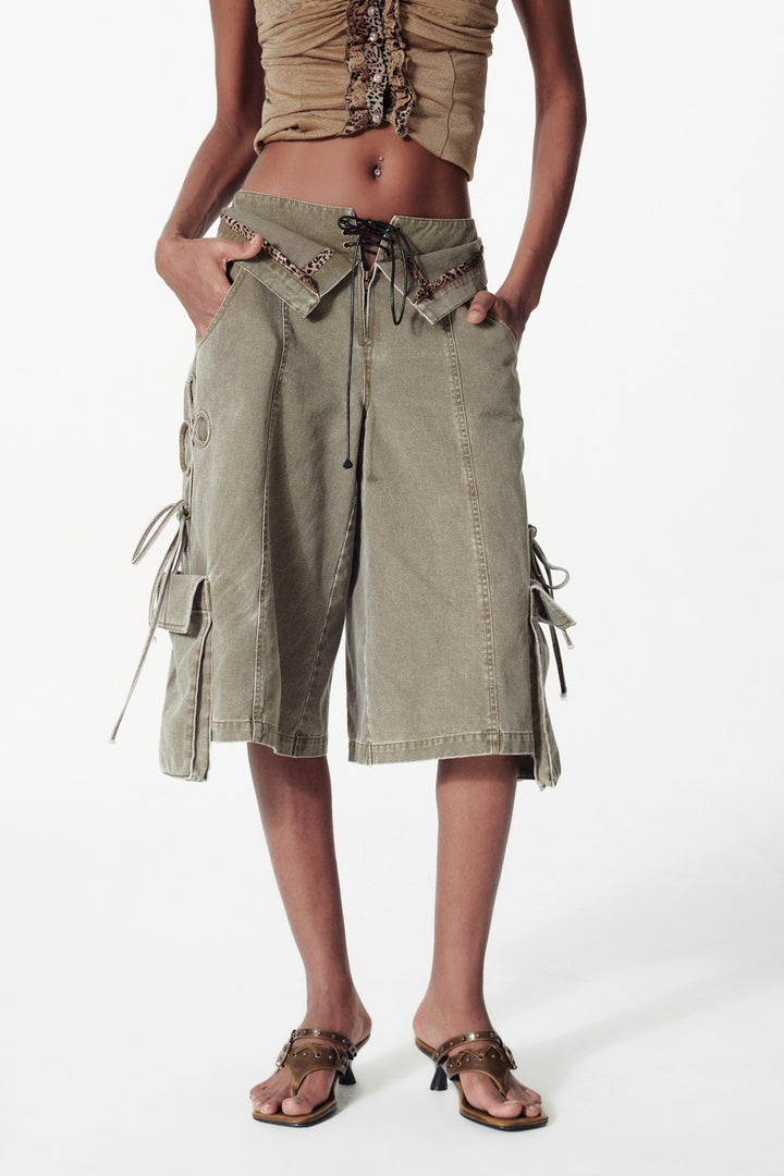 Lace-Up Washed Cargo Jorts