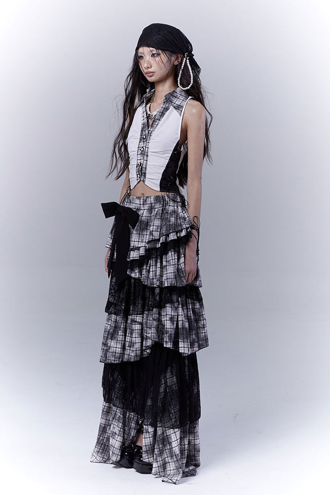 Plaid Lace Ribbon Skirt