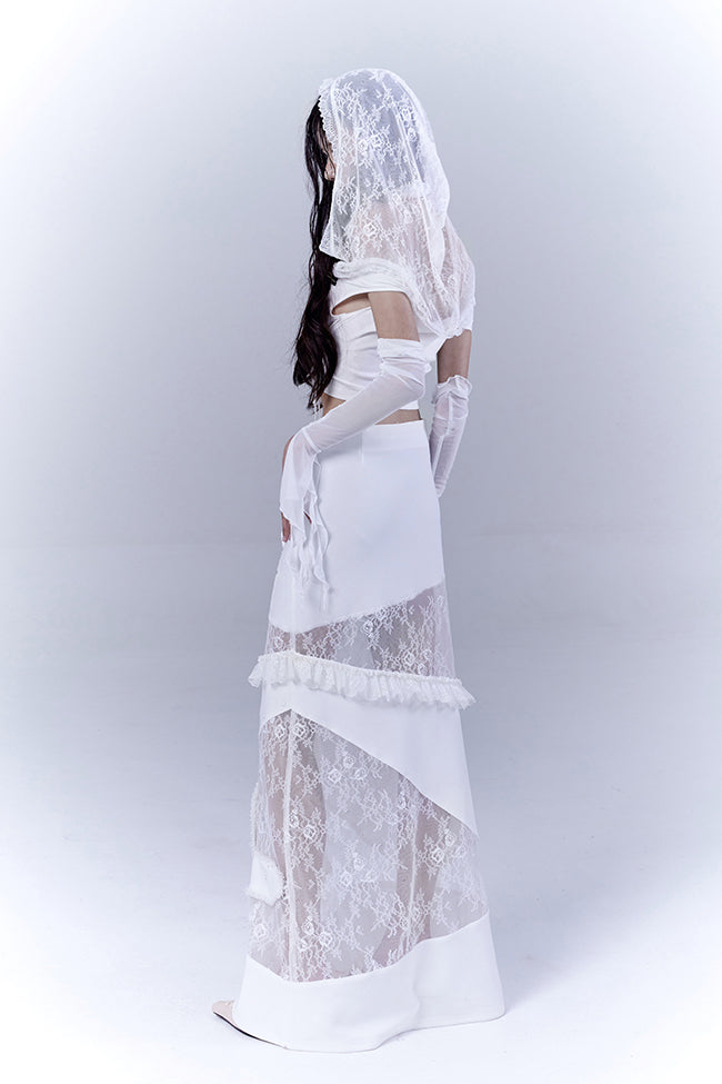 White Lace Belted Cross Skirt