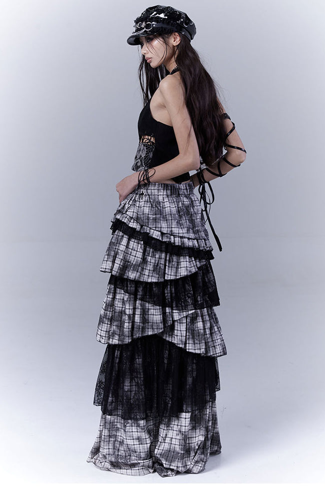 Plaid Lace Ribbon Skirt