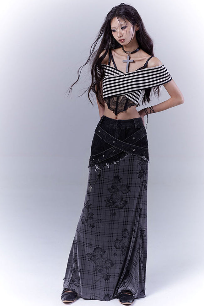 Plaid Rose Denim Skirt