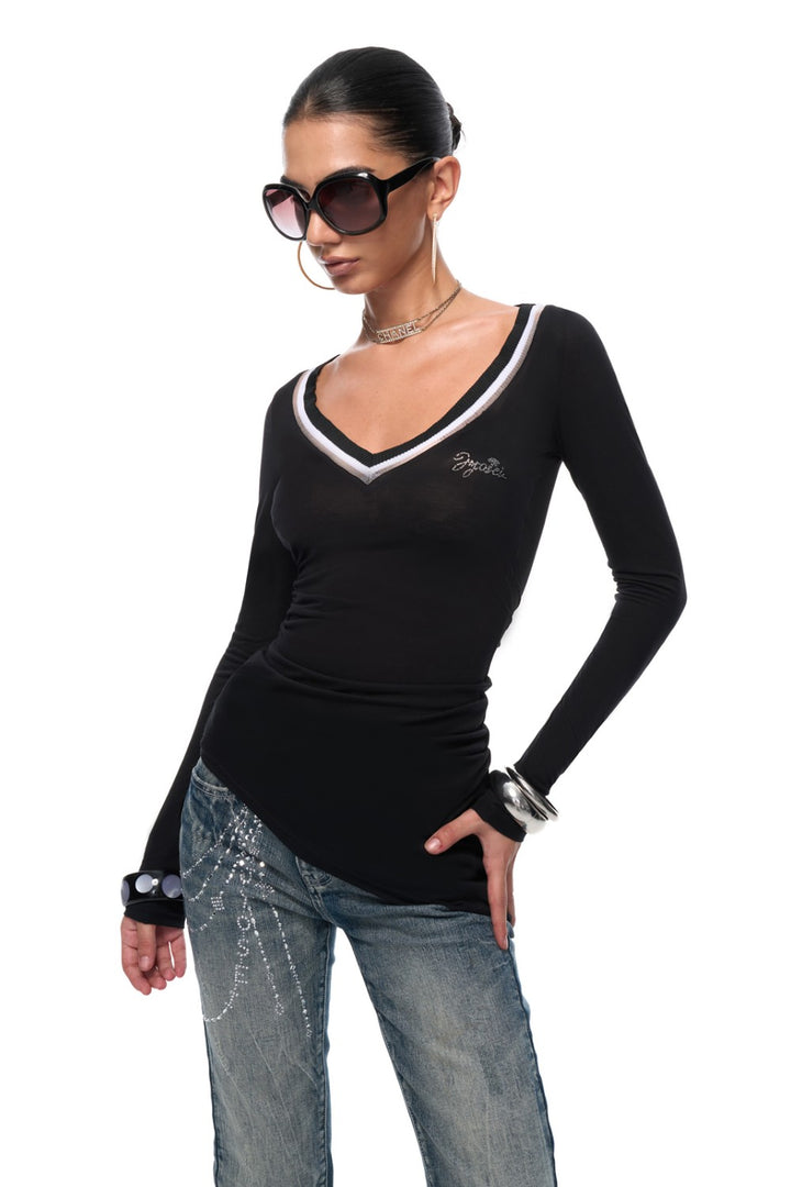 Rhinestone Sheer V-Neck Shirt